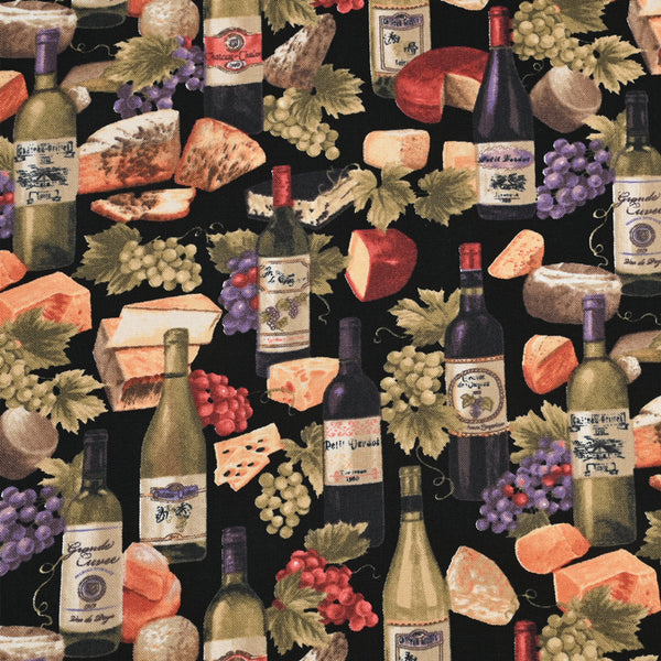 Grapes and Wine and Cheese ! 1 Yard Medium Thickness Cotton Fabric, Fabric by Yard, Yardage Cotton Fabrics for Style Clothes, Bags