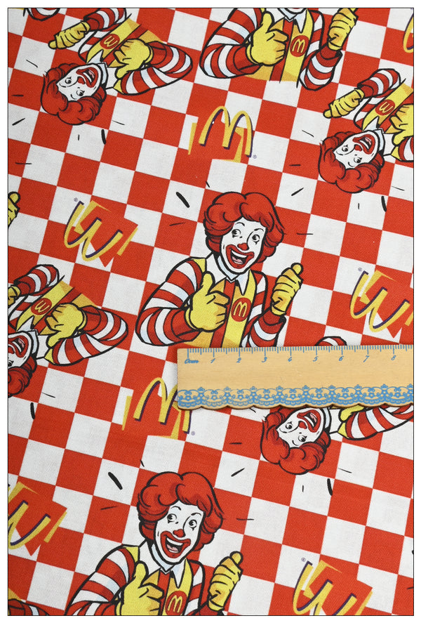 Red Checks Ronald McDonald McDonald's Themed ! 1 Yard Medium Thickness Cotton Fabric, Fabric by Yard, Yardage Cotton Fabrics for Style Clothes, Bags