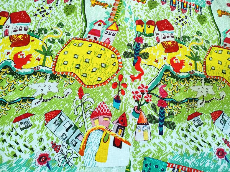 Children's Drawing Artwork green! 1 Meter Printed Cotton Fabric, Fabric by Yard, Yardage Fabrics, Children Kids - fabrics-top