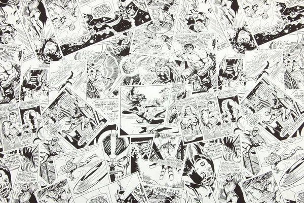 Retro Marvel Comics in Black&White! 1 Meter Printed Cotton Fabric, Fabric by Yard, Yardage Fabrics, Children  Kids
