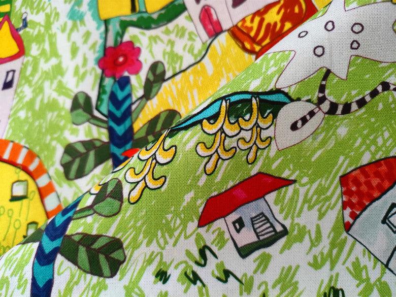 Children's Drawing Artwork green! 1 Meter Printed Cotton Fabric, Fabric by Yard, Yardage Fabrics, Children Kids - fabrics-top