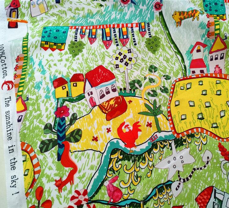Children's Drawing Artwork green! 1 Meter Printed Cotton Fabric, Fabric by Yard, Yardage Fabrics, Children Kids - fabrics-top