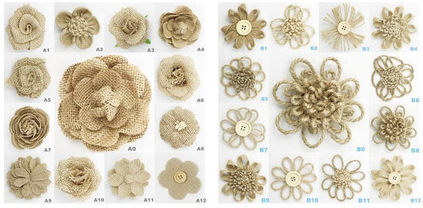 12pcs Gorgeous Jute-made Flowers, Jute Blossom,  Can be a Breast Pin, Brooch,or Ornament for Hat, Shoes or theatre Garments, 25 models