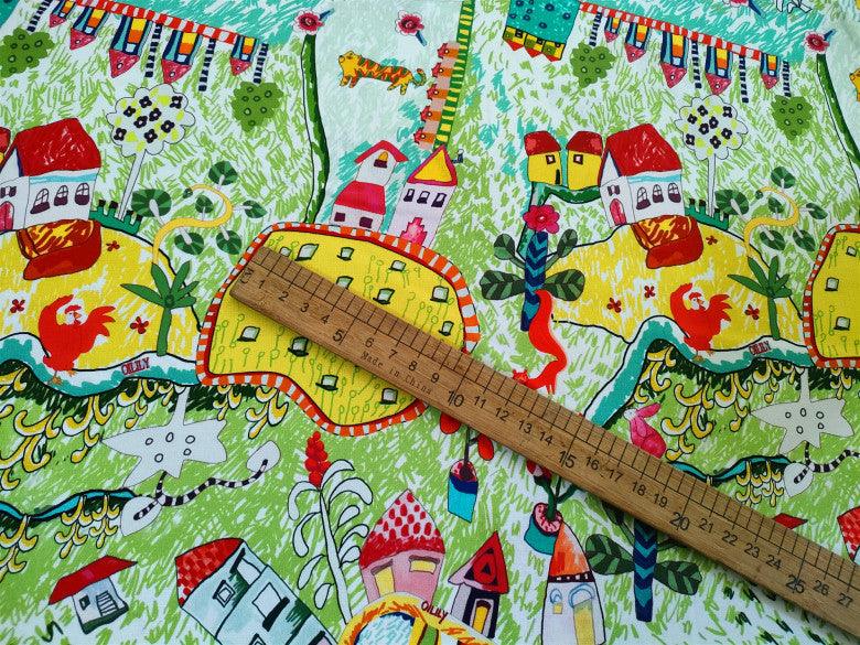 Children's Drawing Artwork green! 1 Meter Printed Cotton Fabric, Fabric by Yard, Yardage Fabrics, Children Kids - fabrics-top
