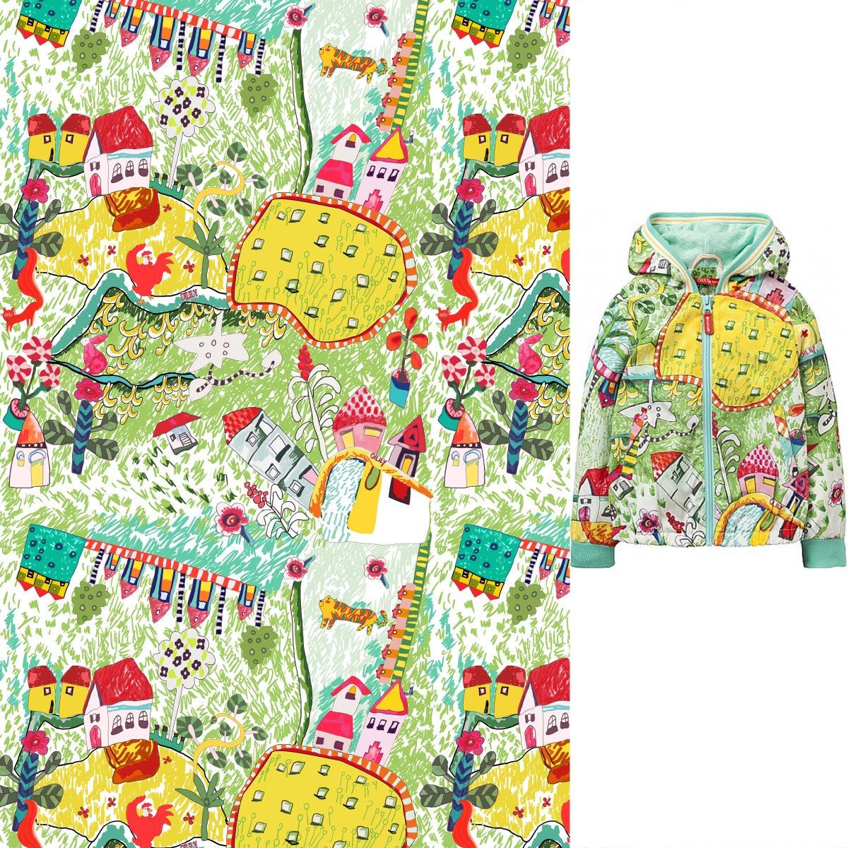 Children's Drawing Artwork green! 1 Meter Printed Cotton Fabric, Fabric by Yard, Yardage Fabrics, Children Kids