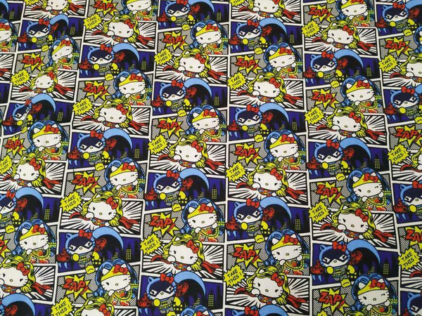 Hello Kitty Playing Super Heroines! 1 Meter Printed Cotton Fabric, Fabric by Yard, Yardage Cotton Bag Fabrics, Children Fabrics,  Japanese