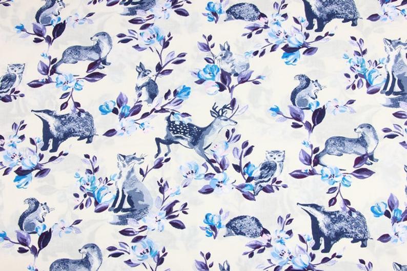 Forest Animals blue! 1 Meter Light-Weight Thickness Plain Cotton Fabric, Fabric by Yard, Yardage Cotton Fabrics for Style Garments, Bags