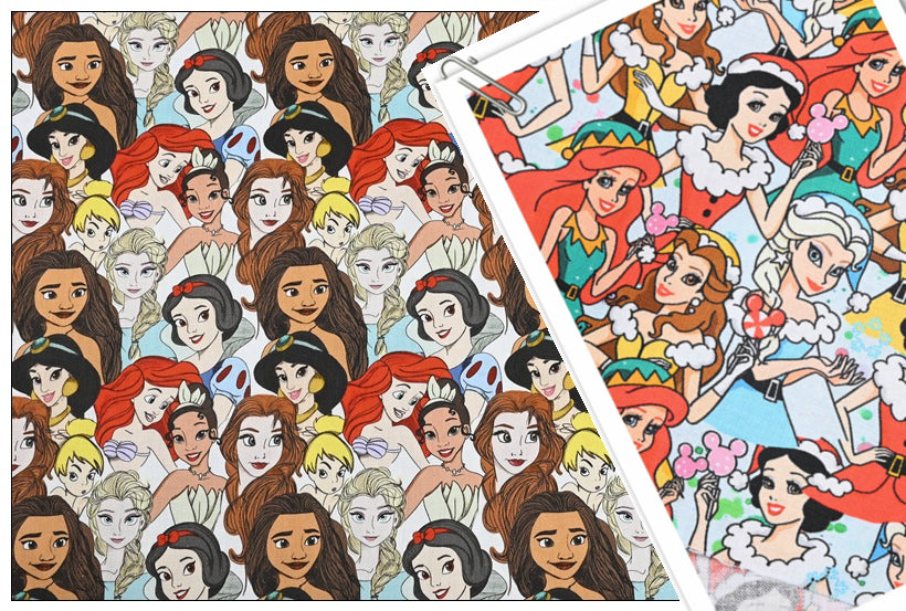 Disney Princesses with Christmas hats 2 prints! 1 Yard Quality Medium Thickness Plain Cotton Fabric, Fabric by Yard, Yardage Cotton Fabrics