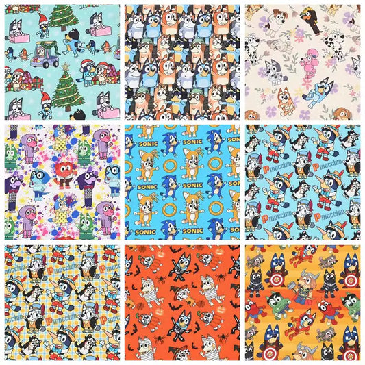 Adorable Bluey the Aussie Cartoon Dog 11 Prints! 1 Yard Quality light-weight Oxford Cotton Fabric, Fabric Aussie 2410