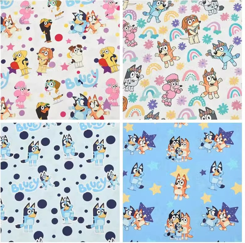 Bluey the Aussie Cartoon Series Dog 4 Prints! 1 Yard Quality Medium Thickness Plain Cotton Fabric, Fabric Aussie 2411