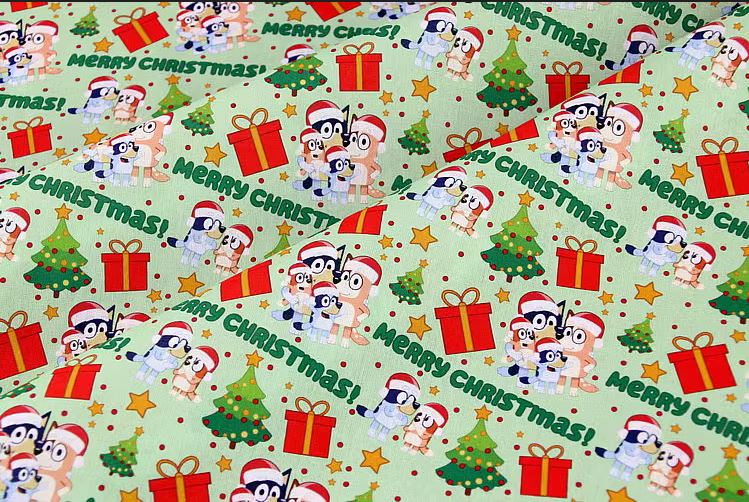 Bluey Bingo the Dog at Christmas! 1 Yard Quality Medium Thickness Plain Cotton Fabric, Fabric Australian