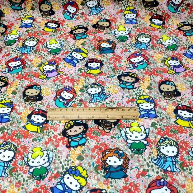 Hello Kitty Princess with Floral! 1 Meter Printed Cotton Fabric, Fabric by Yard, Yardage Bag Fabrics, Children Fabrics, Kids, Japanese