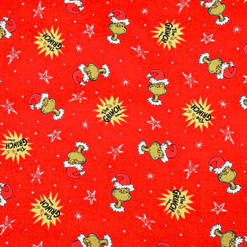 Grinch all red ! 1 Yard of Quality Printed Cotton Fabrics by Yard, Fabric Yardage Comics Fabrics Draft Grinch Christmas