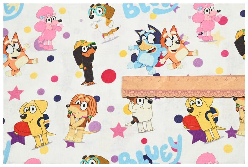 Bluey the Aussie Cartoon Series Dog 4 Prints! 1 Yard Quality Medium Thickness Plain Cotton Fabric, Fabric Aussie 2411