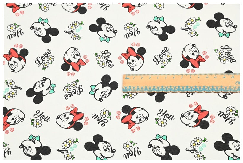 I LOVE YOU Mickey and Minnie Floral! 1 Yard High Quality Stiff Cotton Toile Fabric, Fabric by Yard, Yardage Cotton Canvas Fabrics for Bags