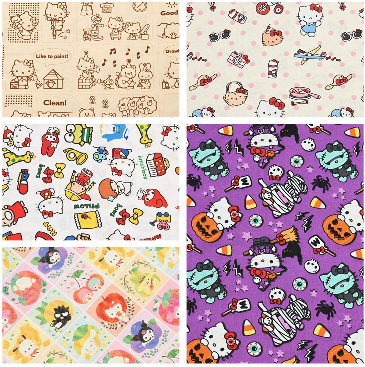 Hello Kitty and Sanrio Friends 5 Prints! 1 Yard Medium Thickness Plain Cotton Fabric, Fabric by Yard, Yardage 202411