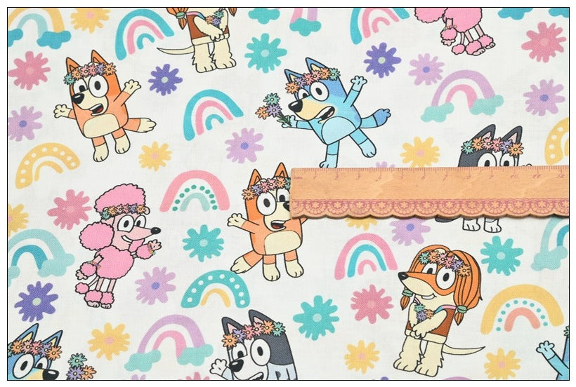 Bluey the Aussie Cartoon Series Dog 4 Prints! 1 Yard Quality Medium Thickness Plain Cotton Fabric, Fabric Aussie 2411