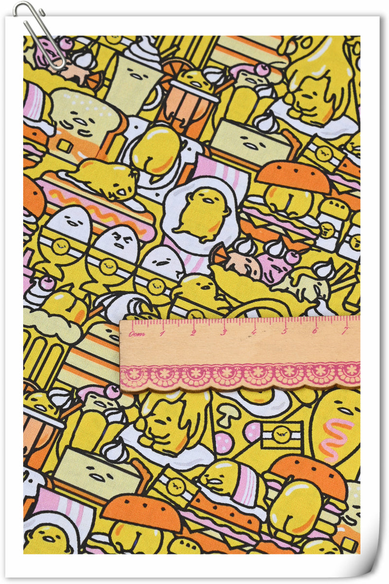 Egg Cartoon Gudetama with Food Yellow! 1 Yard Printed Cotton Fabric by Yard, Yardage Cotton Fabrics for  Style Garments, Bags