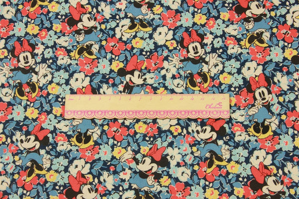 Minnie Mouse with Flowers blue! 1 Yard High Quality Stiff Cotton Toile Fabric, Fabric by Yard, Yardage Cotton Canvas Fabrics for Bags