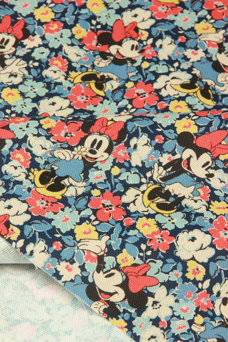 Minnie Mouse with Flowers blue! 1 Yard High Quality Stiff Cotton Toile Fabric, Fabric by Yard, Yardage Cotton Canvas Fabrics for Bags