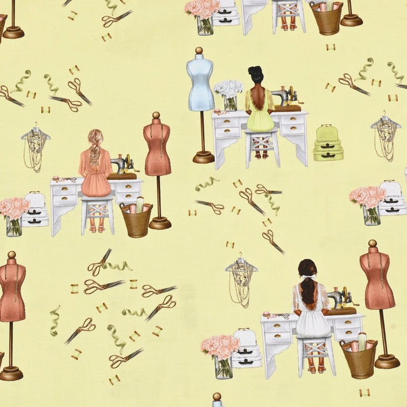 Sewers at Work Retro Pictures ! 1 Yard Medium Thickness Cotton Fabric, Fabric by Yard for Style Clothes, Bags