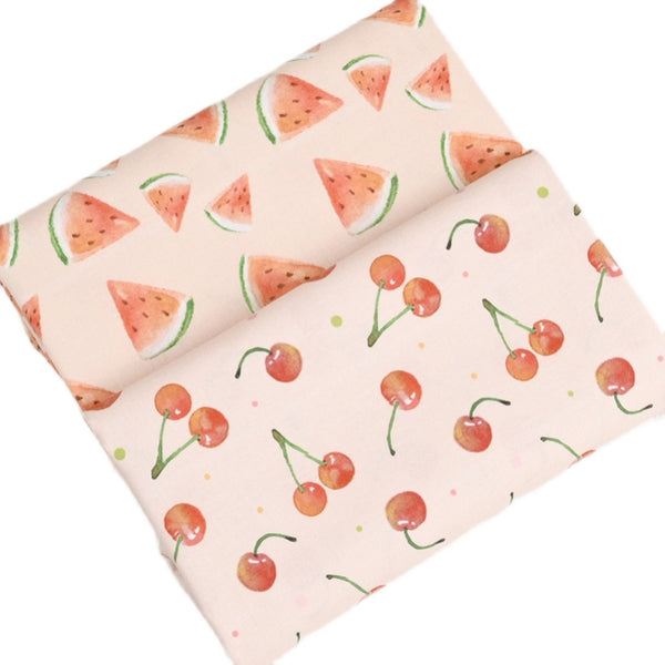 WaterMelon and Cherry 2 Print pink! 1 Meter Medium Thickness Plain Cotton Fabric, Fabric by Yard, Yardage Cotton
