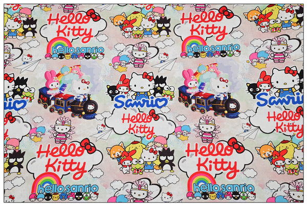 Trains Hello Kitty and Sanrio Friends! 1 Yard Medium Thickness Plain Cotton Fabric, Fabric by Yard, Yardage