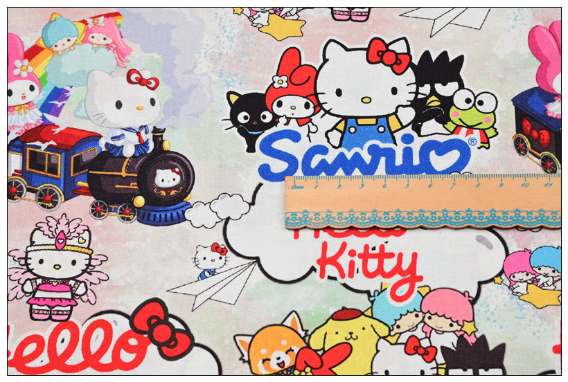 Trains Hello Kitty and Sanrio Friends! 1 Yard Medium Thickness Plain Cotton Fabric, Fabric by Yard, Yardage