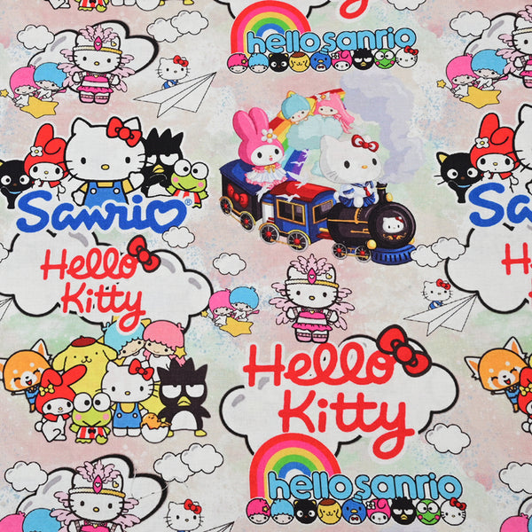 Trains Hello Kitty and Sanrio Friends! 1 Yard Medium Thickness Plain Cotton Fabric, Fabric by Yard, Yardage