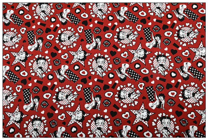 Betty Boop Red Hearts! 1 Meter Medium Thickness Cotton Fabric, Fabric by Yard, Yardage Cotton Fabrics for Style Clothes  Bags 2104