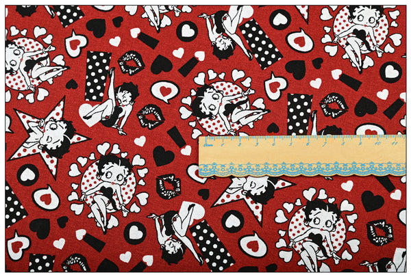 Betty Boop Red Hearts! 1 Meter Medium Thickness Cotton Fabric, Fabric by Yard, Yardage Cotton Fabrics for Style Clothes  Bags 2104