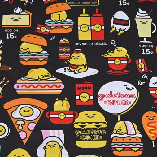 Egg Cartoon Gudetama Diner with Food Black! 1 Yard Printed Cotton Fabric by Yard, Yardage Cotton Fabrics for  Style Garments, Bags