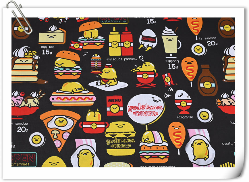 Egg Cartoon Gudetama Diner with Food Black! 1 Yard Printed Cotton Fabric by Yard, Yardage Cotton Fabrics for  Style Garments, Bags