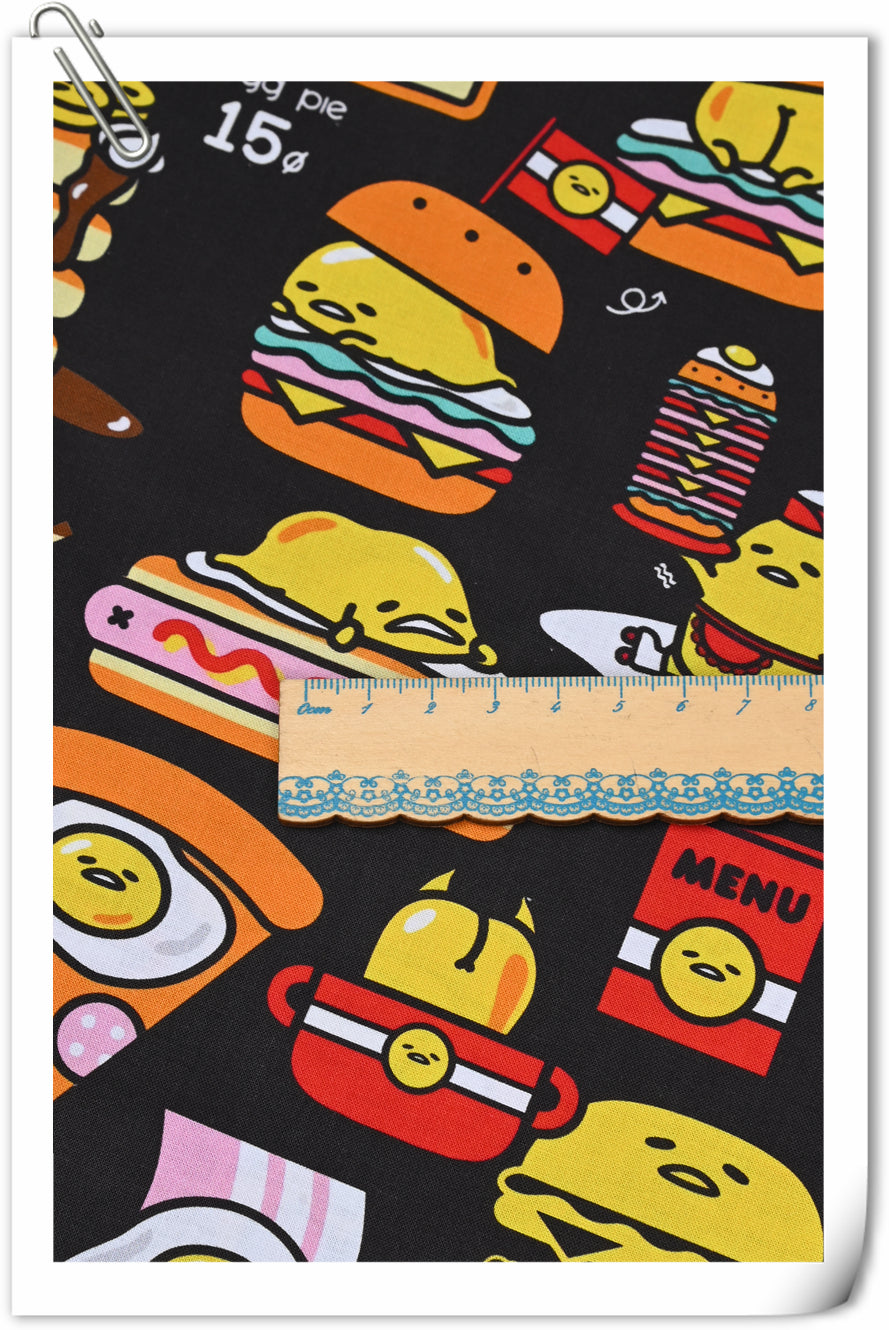 Egg Cartoon Gudetama Diner with Food Black! 1 Yard Printed Cotton Fabric by Yard, Yardage Cotton Fabrics for  Style Garments, Bags