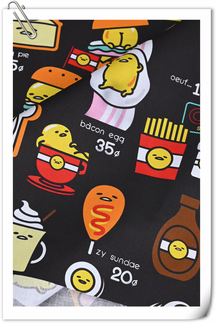 Egg Cartoon Gudetama Diner with Food Black! 1 Yard Printed Cotton Fabric by Yard, Yardage Cotton Fabrics for  Style Garments, Bags