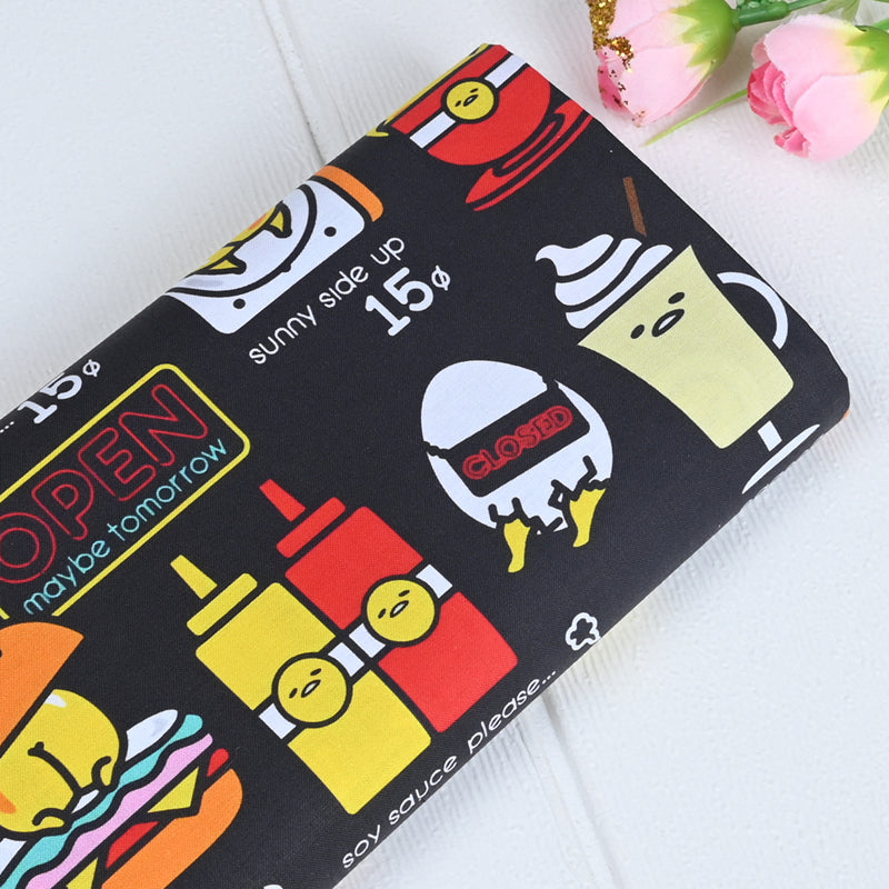 Egg Cartoon Gudetama Diner with Food Black! 1 Yard Printed Cotton Fabric by Yard, Yardage Cotton Fabrics for  Style Garments, Bags