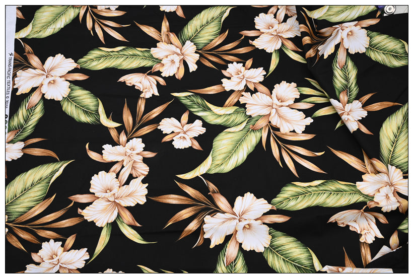 Hawaii Tropical Flowers black! 1 Yard Medium Weight Plain Cotton Fabric, Fabric by Yard, Yardage Cotton Fabrics for  Style Garments, Bags