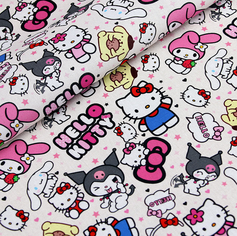 Hello Kitty and Sanrio Friends White! 1 Yard Medium Thickness Plain Cotton Fabric, Fabric by Yard, Yardage