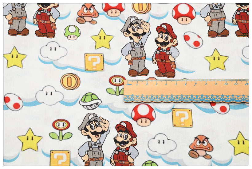 Super Mario and the Game Staff  2 prints! 1 Meter Plain Cotton Fabric by Yard, Yardage Cotton Fabrics for Style Bags