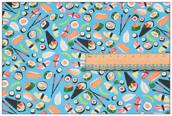 Sushi and Chopsticks Japanese Food blue! 1 Yard Medium Thickness Cotton Fabric, Fabric by Yard, Yardage Cotton Fabrics for Style Clothes, Bags