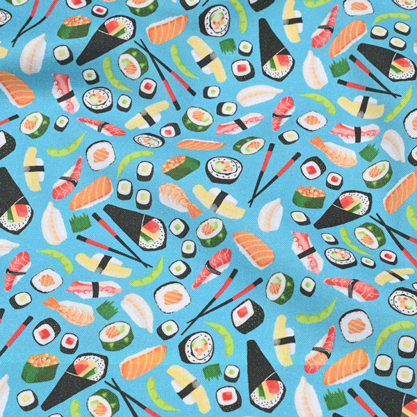 Sushi and Chopsticks Japanese Food blue! 1 Yard Medium Thickness Cotton Fabric, Fabric by Yard, Yardage Cotton Fabrics for Style Clothes, Bags