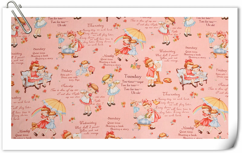 Qotations Retro Little Girls pictures 4 print! 1 Yard Medium Thickness Cotton Fabric by Yard, Yardage Cotton Fabrics for Style Clothes,