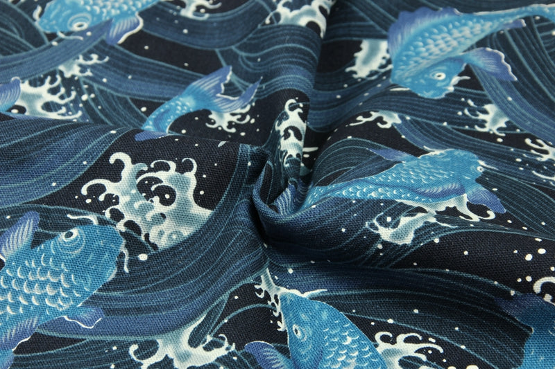 Japanese 鯉 koi Fish in Swirls Wave! 1 Yard Quality Printed Cotton,  Fabrics by Yard, Fabric Yardage Floral Fabrics Japanese Style