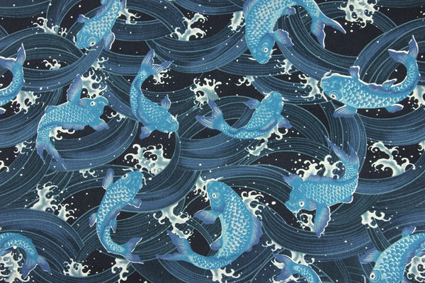 Japanese 鯉 koi Fish in Swirls Wave! 1 Yard Quality Printed Cotton,  Fabrics by Yard, Fabric Yardage Floral Fabrics Japanese Style