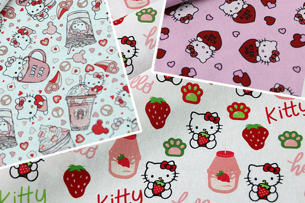 Kiss Me Hello Kitty Red Heart 3 Prints! 1 Yard Medium Thickness Plain Cotton Fabric, Fabric by Yard, Yardage