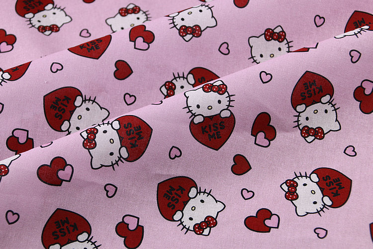 Kiss Me Hello Kitty Red Heart 3 Prints! 1 Yard Medium Thickness Plain Cotton Fabric, Fabric by Yard, Yardage