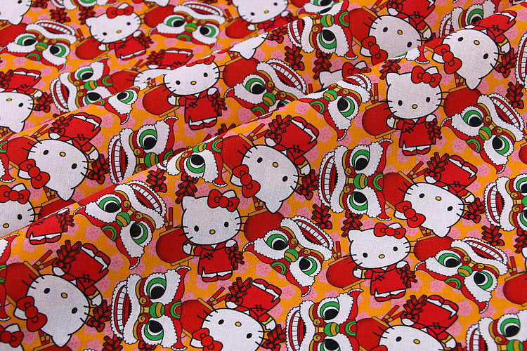 Hello Kitty and Chinese New Year Lion red! 1 Yard Medium Thickness Plain Cotton Fabric, Fabric by Yard, Yardage