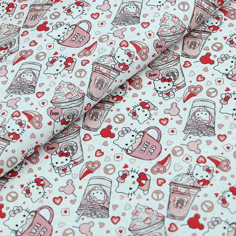 Kiss Me Hello Kitty Red Heart 3 Prints! 1 Yard Medium Thickness Plain Cotton Fabric, Fabric by Yard, Yardage