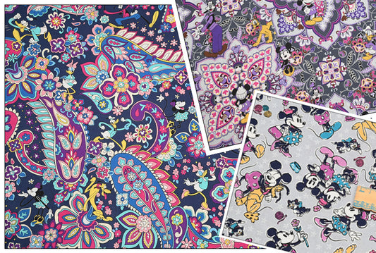 Mickey Mouse X VeraBradlei Series 2 "Sensational Six Paisley" "sweet treat" "Family Fun"! 1 Meter Printed Cotton Fabric, Fabric by Yard, Yardage Cotton Bag Fabrics, Children Fabrics Paisley