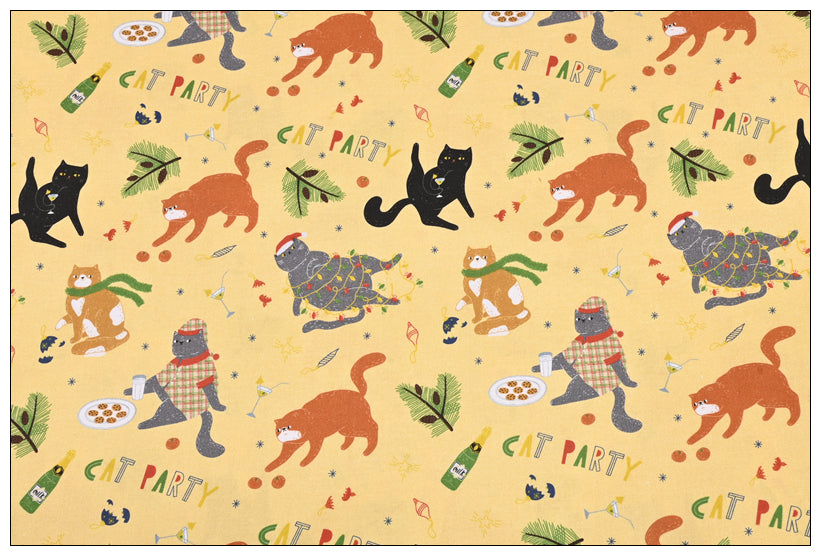 Cat Party in Christmas! 1 Yard Medium Thickness Plain Cotton Fabric, Fabric by Yard, Yardage Cotton Fabrics for Clothes Crafts